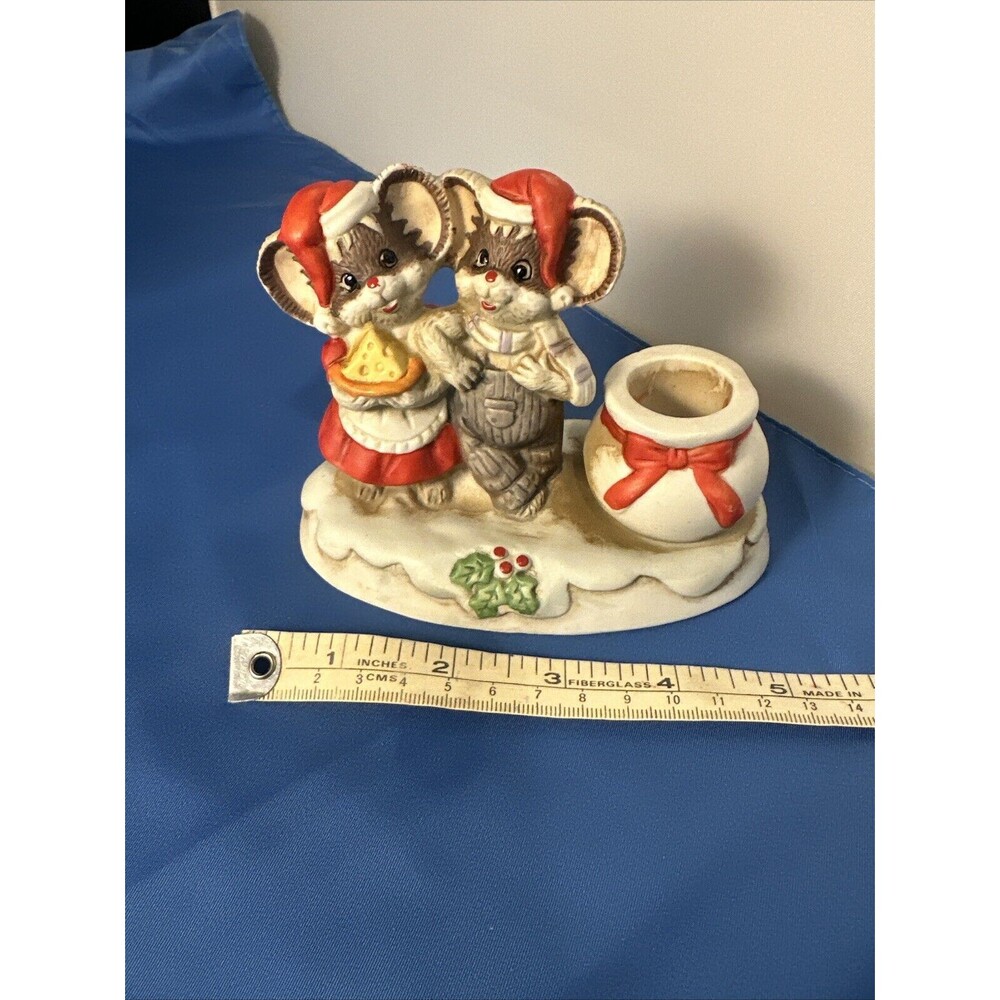Christmas On Mainstreet Porcelain Mouse Mice Couple Candle Holder Vintage